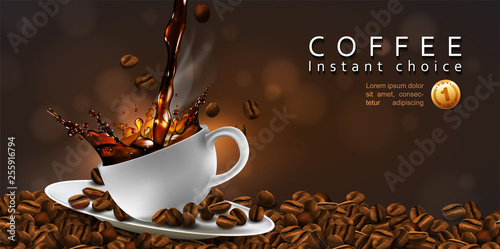 Coffee advertising design with coffee beans and a cup of steaming coffee. Transparency effect. 3D vector. High detailed realistic illustration