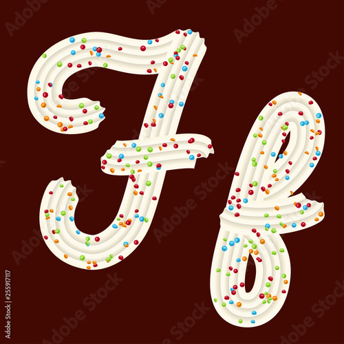 Tempting tipography. Font design. 3D letter F of the whipped cream and candy