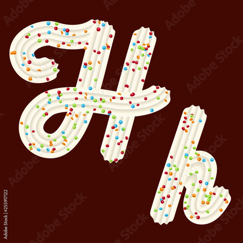 Tempting tipography. Font design. 3D letter H of the whipped cream and candy