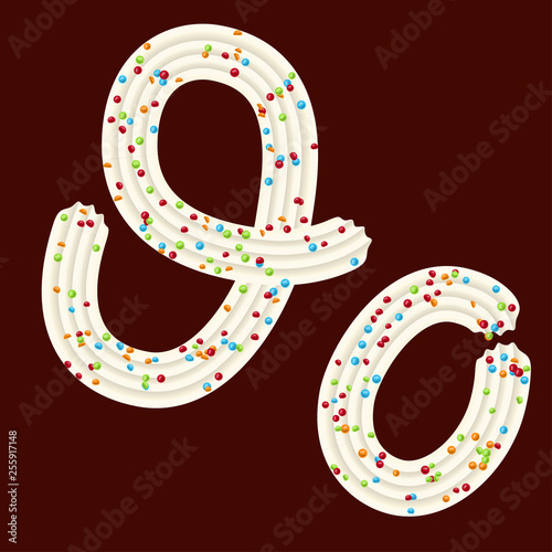 Tempting tipography. Font design. 3D letter O of the whipped cream and candy