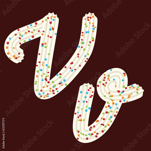 Tempting tipography. Font design. 3D letter V of the whipped cream and candy