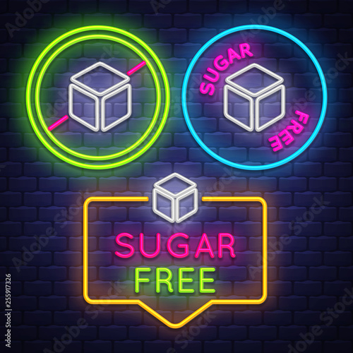 Sugar Free badge collection . Diabet sign. Neon sign