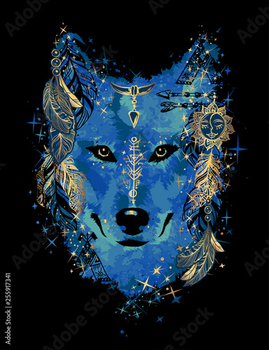Watercolor tattoo of a wolf head in the style of boho. Print for textile and t-shirts. Totem Native American Symbolism. Isolated vector illustration
