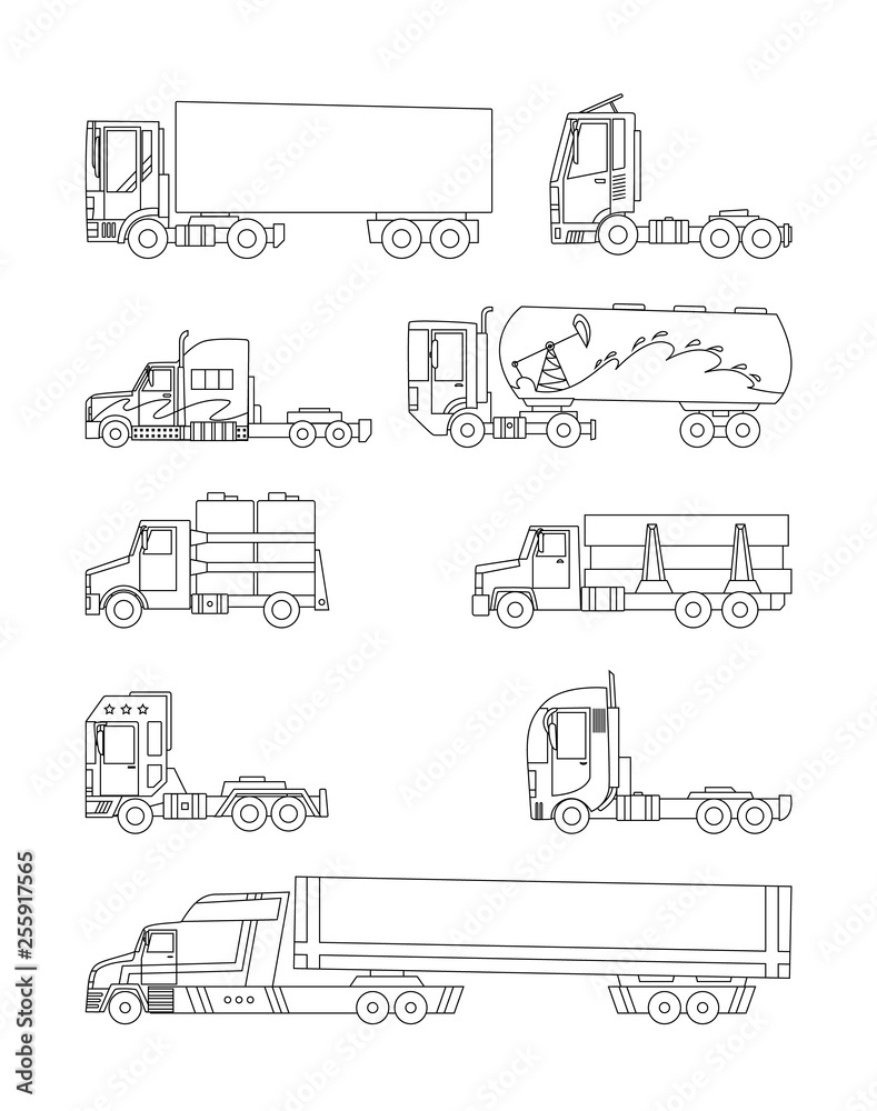 Vector line sketch. Trucks and trailers on a white background