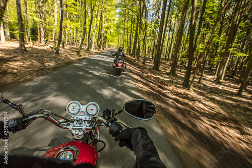 Motorcycle driver riding in spring forest, handlebars view.