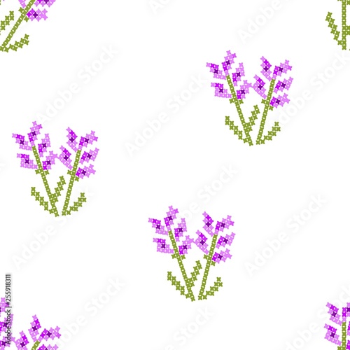 Lavender flowers cross stitch style vector, white purple colors