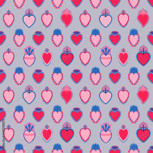 Seamless pattern Sacred mexican spirit color. Soul symbol religion. Decoration emblem holy heart.Sacramental religion.