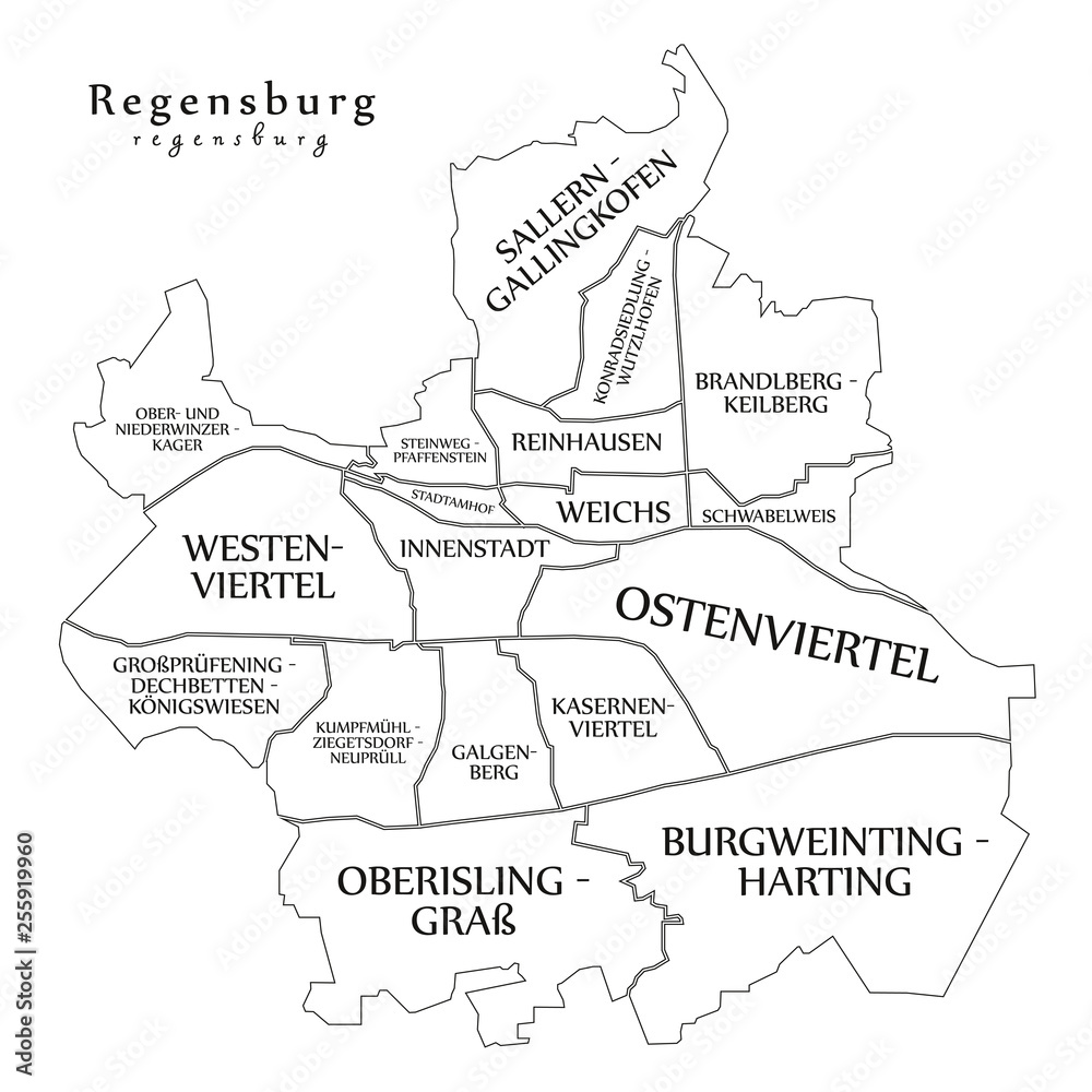 Modern City Map - Regensburg city of Germany with boroughs and titles DE outline map Modern City Map - Regensburg city of Germany with boroughs and titles DE outline map