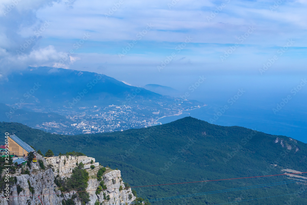 Beautiful view from the edge of the top of Mount Ai-Petri to the cable car, Yalta, forest sea from a bird's-eye view, Crimea in 2012
