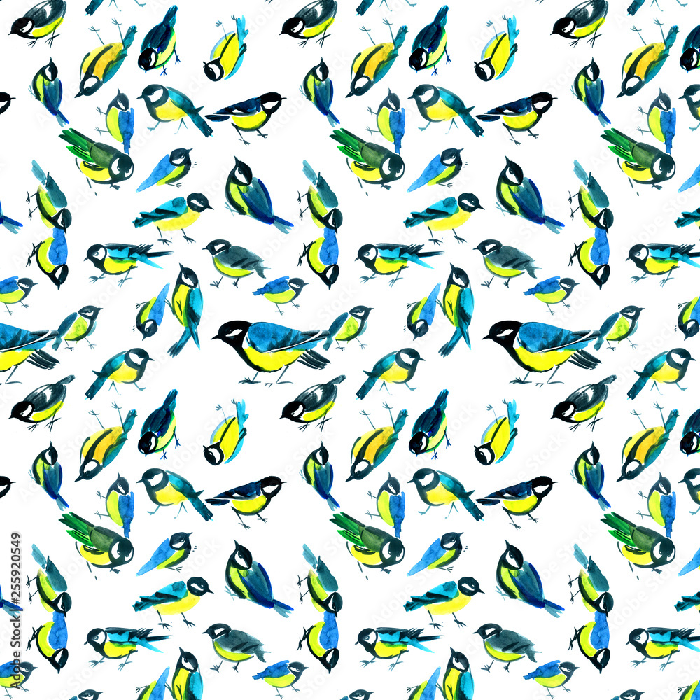 Pattern with bird Tits seamless watercolor
