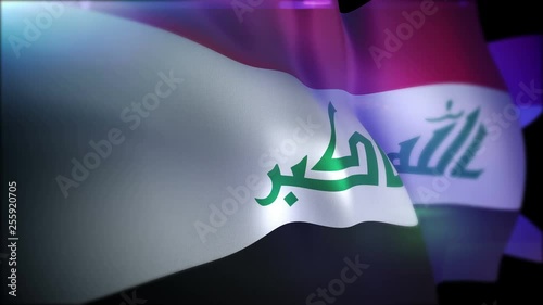 Stunning 3d rendering of a large banner of Irag from three colorful stripes in the black background in slow motion. The tricolor looks cheerfully and solemnly.  photo