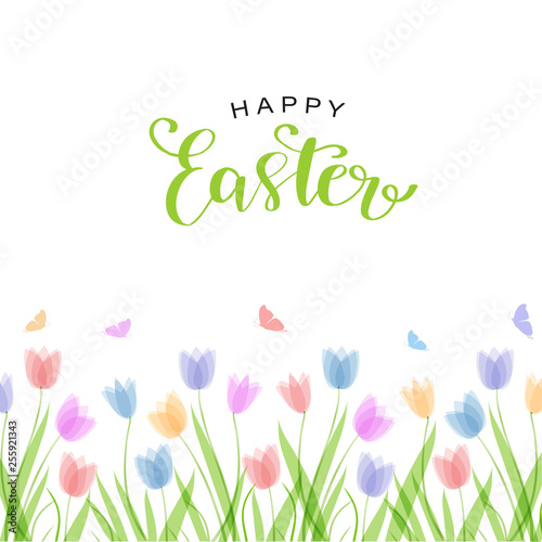 Flat horizontal background template with hand drawn pastel colors tulips. Spring flowers. Elements for design, scrapbooking, pacaging, wallpaper