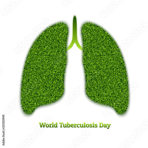 World Tuberculosis Day. Symbol of healthy lungs, from green grass. personifies the health of the body. Ecology in the fight against the disease. Isolated on white background, with text, vector