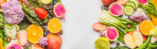 Various summer fruits and vegetables banner or template on white , top view. Food background. Healthy lifestyle
