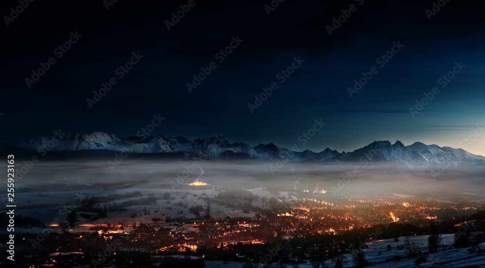 beautiful view of Zakopane and the Polish Tatra Mountains at night - obrazy, fototapety, plakaty 