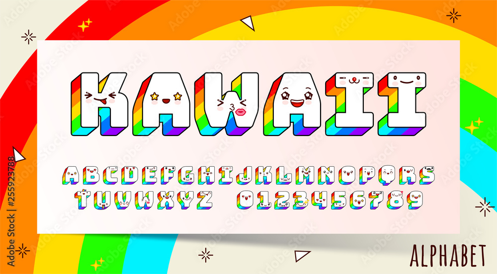 Vector kawaii font and alphabet with different emotions.