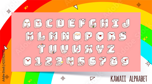 Vector kawaii font and alphabet with different emotions.