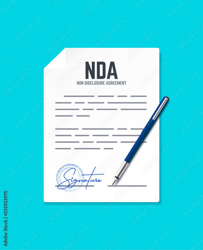 Non-Disclosure Agreement document with stamp and signature. Vector concept NDA with pen. Non-Disclosure Agreement document with stamp and signature. Vector concept NDA with pen.