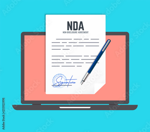 Non-Disclosure Agreement document with stamp and signature and laptop in flat style. Vector concept NDA with pen.