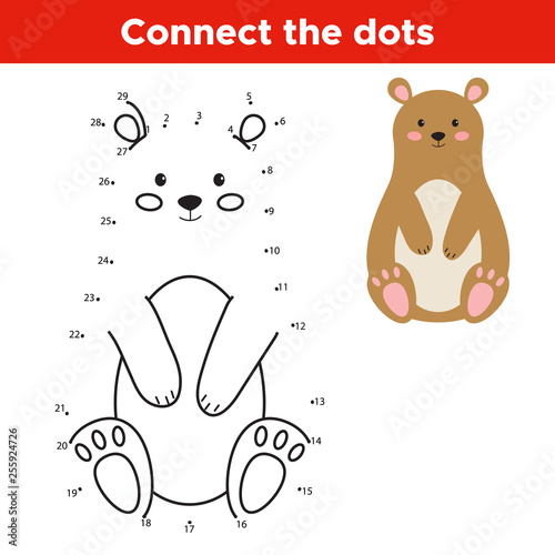 Dot to dot game, educational numbers game for children. Cartoon vector bear. Forest animals.