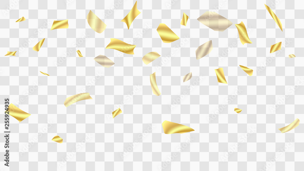 Golden confetti. Festive background. Falling shiny confetti. Golden confetti background. Vector golden design elements. Festive tinsel. Template for holiday card, banner, solemn presentation, mockup.