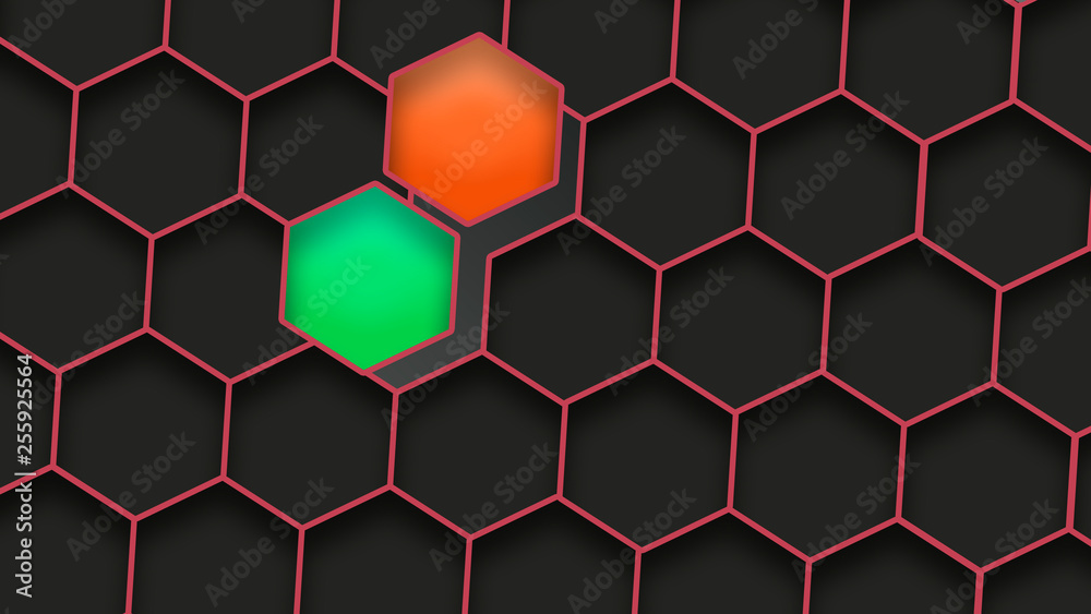 Black hexagons in red frame. Abstract geometric background Black hexagons in red frame. Abstract geometric background
