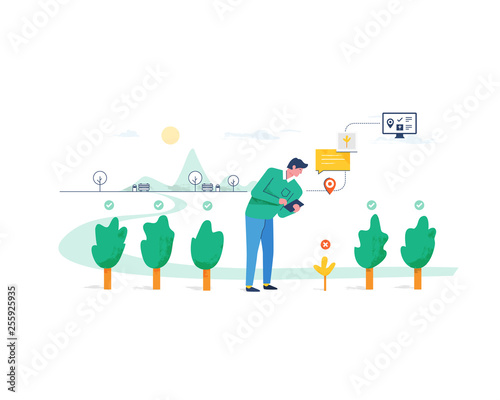 Park maintenance. Field worker controlling greenery and trees in the park - sending data from mobile device. Modern flat design vector illustration.