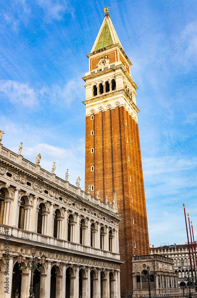 Historic bell tower in San Marco square in Venice, Italy