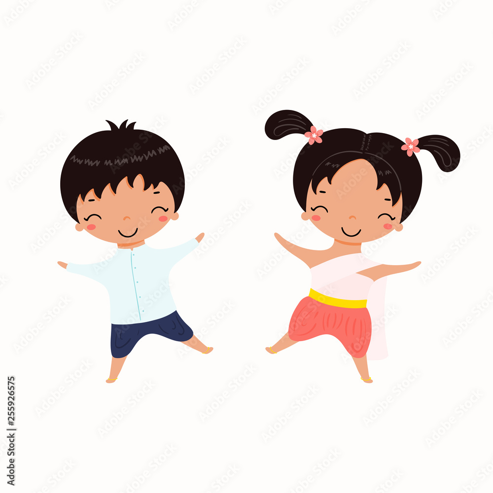 Hand drawn vector illustration of kawaii children, girl and boy, in Thai national costumes. Isolated objects on white background. Design concept for Thailand travel, tourism, traditions. Hand drawn vector illustration of kawaii children, girl and boy, in Thai national costumes. Isolated objects on white background. Design concept for Thailand travel, tourism, traditions.