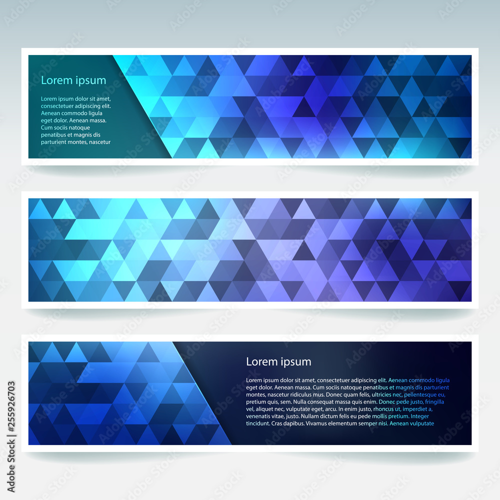 Horizontal banners set with blue polygonal triangles. Polygon background, vector illustration Horizontal banners set with blue polygonal triangles. Polygon background, vector illustration