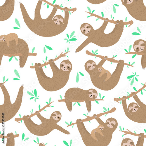 Seamless pattern of cute sloths. Hand-drawn illustration of sloth for children, tropical summer, textile, texture, print, cover, wallpaper, fabric, wrapping. Transparent background