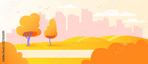 Urban cityscape park landscape background. City outdoor horizon scenery recreation. Autumn abstract background, road, flat, cartoon, vector illustration. Town nature tree scene.