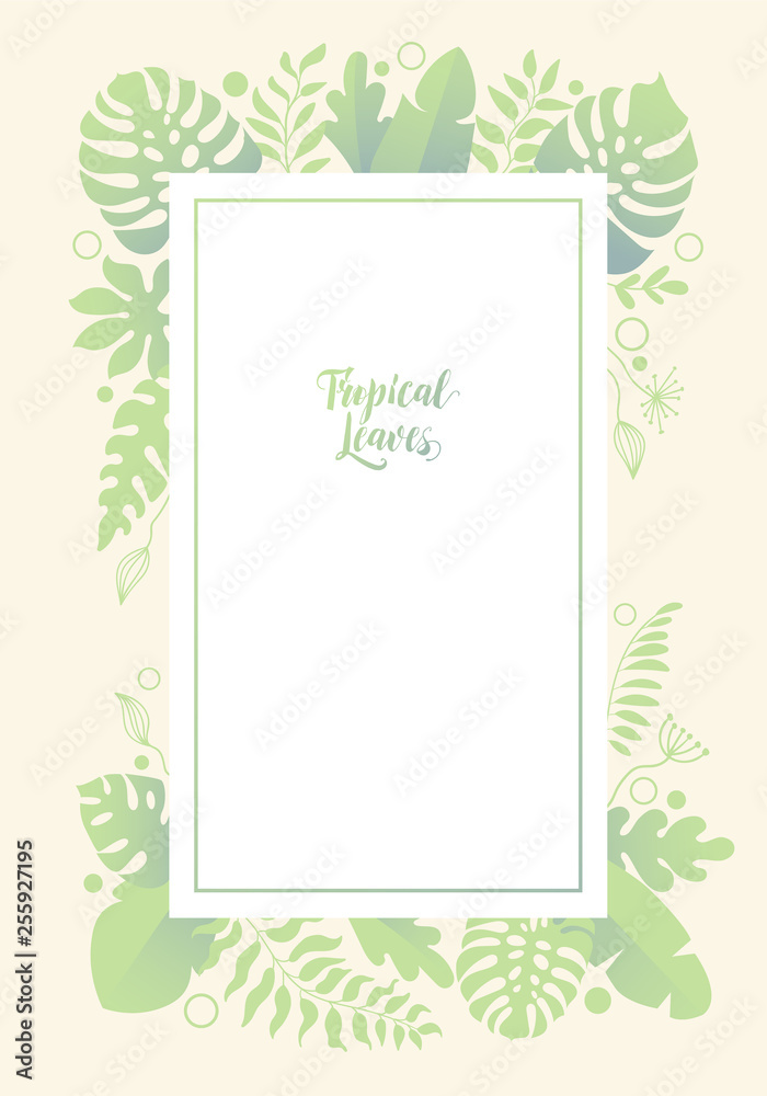 Vertical background with jungle palm tree branches and leaves. Backdrop decorated by foliage of rainforest plants. Poster, greeting or invitation card, template design, cover, party advertisement.