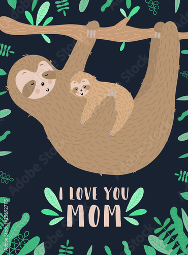 Vector image of a sleepy sloth hugs baby in the night. Hand-drawn cartoon illustration for child, tropical summer, holiday, card, banner, nursery, print, mother's day, poster. I love you mom