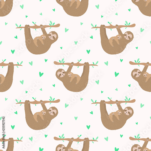 Seamless pattern of cute sloth hugs a baby with hearts. Hand-drawn illustration for kids, tropical summer, textile, print, cover, wallpaper, mother's day, holiday, mom love. Transparent background