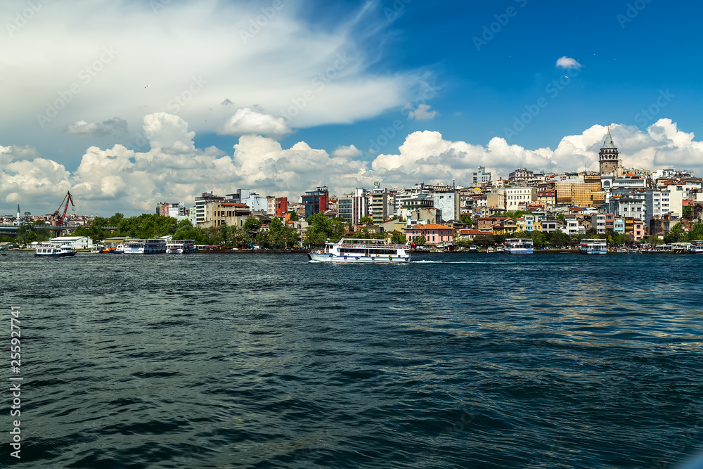 Cityscape Galata Tower Great Attractions Golden Horn in Istanbul, Turkey.
