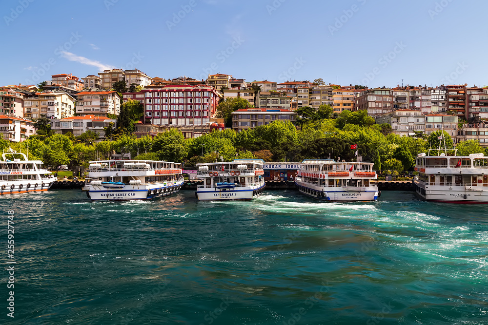 Ferry passenger boat Gulf Golden Horn Channel Bosphorus Strait Sea front landscape Istanbul tourist city