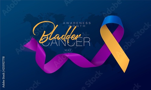 Bladder Cancer Awareness Calligraphy Poster Design. Realistic Marigold And Blue And Purple Ribbon. May is Cancer Awareness Month. Vector
