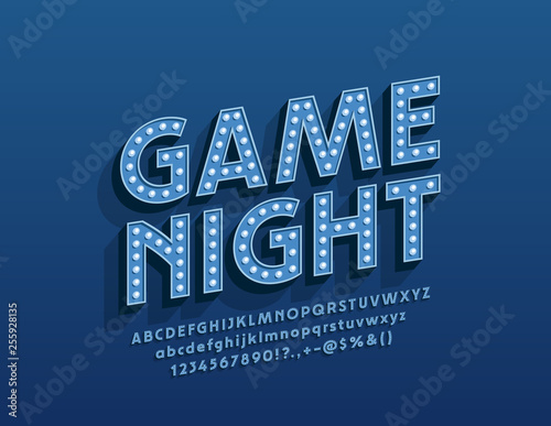 Vector entertainment poster Game Night with glowing Alphabet Letters. Electric lamp Font