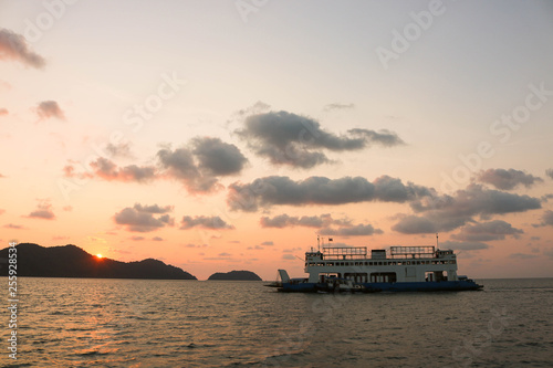 Ferry from mainland to Koh Chang at sunset time.