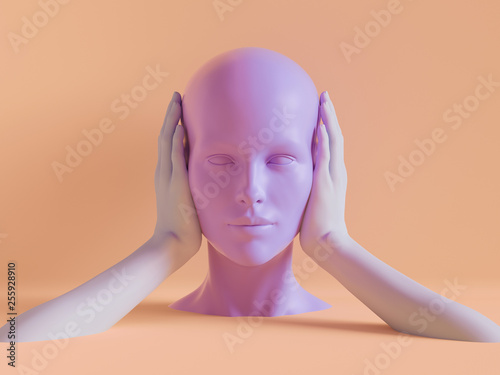 Fotografie 3d render, female mannequin head, ears closed by hands, silence concept, isolate
