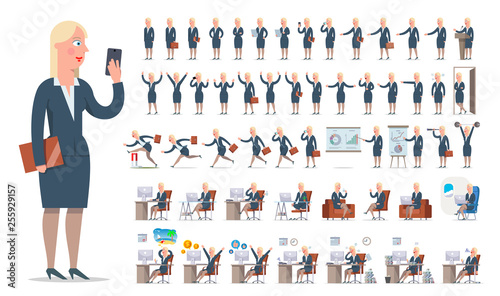 Businesswoman or manager character creation big set. Different views, gestures, emotions.