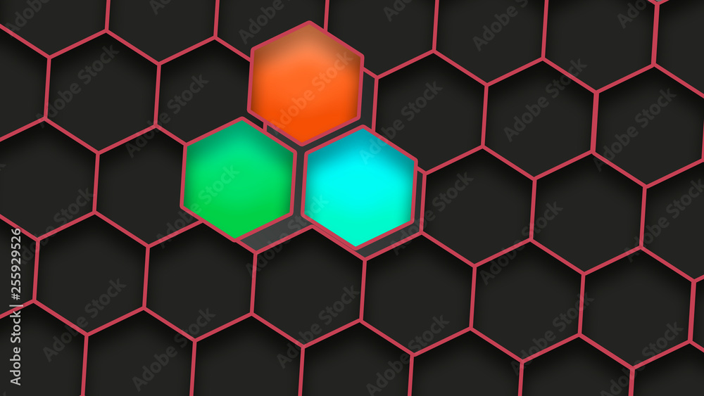 Abstract black 3d hexagons in red frame and colorful elements Abstract black 3d hexagons in red frame and colorful elements