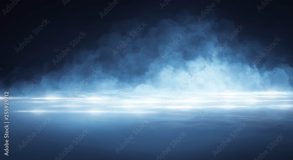 Wet asphalt, reflection of neon lights, a searchlight, smoke. Abstract light in a dark empty street with smoke, smog. Dark background scene of empty street, night view, night city. Wet asphalt, reflection of neon lights, a searchlight, smoke. Abstract light in a dark empty street with smoke, smog. Dark background scene of empty street, night view, night city.