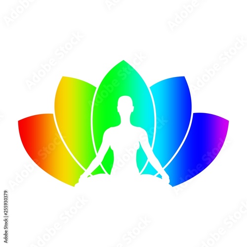 Woman sit in meditation pose. Bodybuilder relaxing. Cutout silhouette. Lotus Flower Yoga Center Emblem.