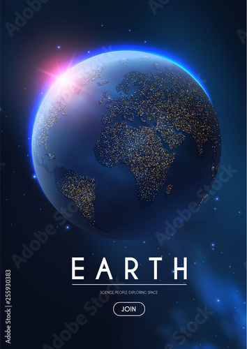 Eath Planet in Space with Lights. Realistic Universe. Cosmos Background.
