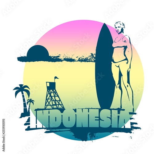 Woman posing with surfboard on grunge brush stroke. Monochrome silhouette. Vintage Surfing Graphic and Emblem. Palm and lifeguard tower on backdrop. Indonesia text