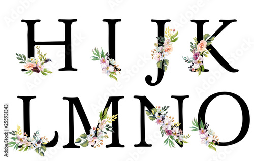 Collection romantic Black letters with drawn watercolor flowers. Elegant emblem for book design, brand name, wedding invitation thanks card