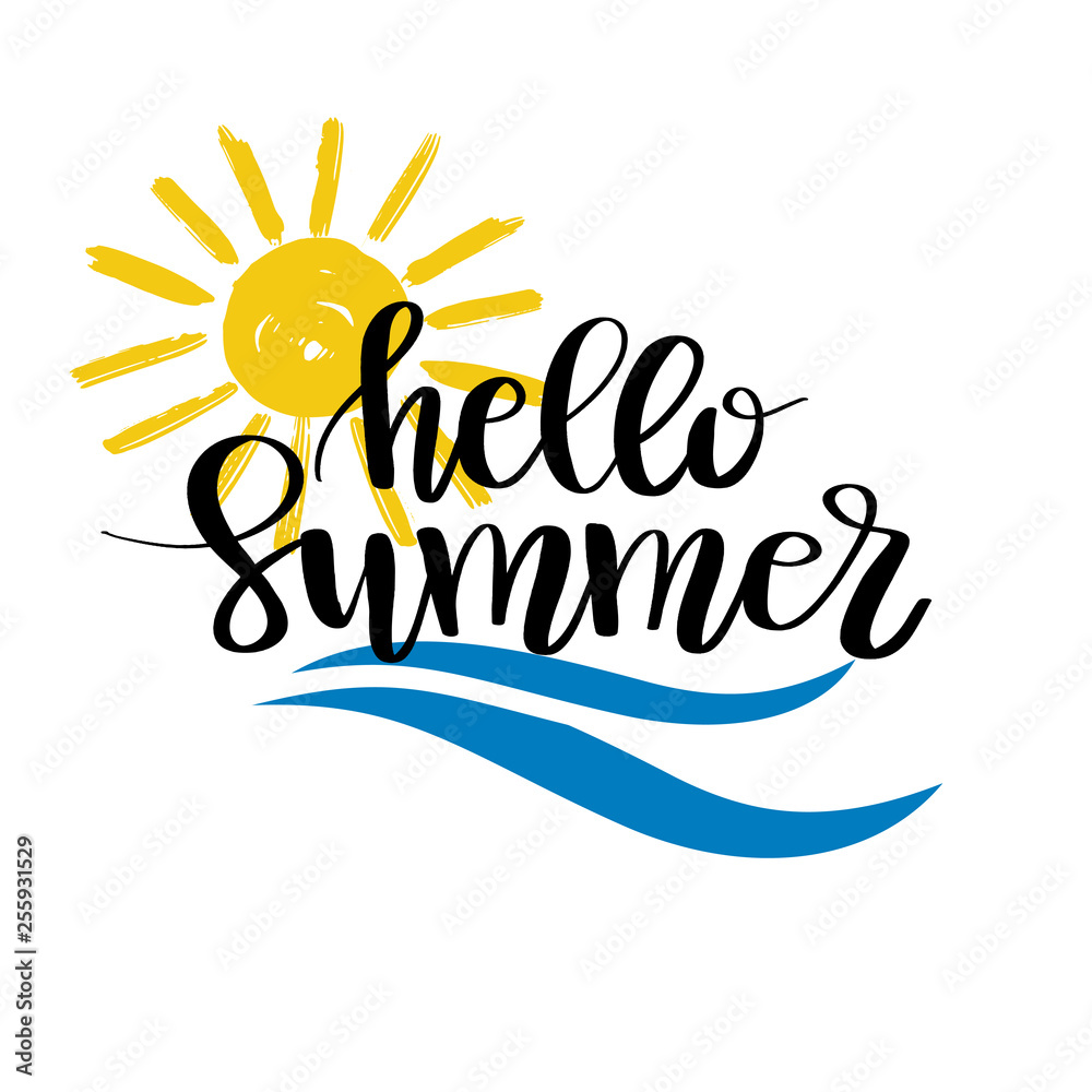 Hello Summer hand drawn brush lettering. Vector logo Templates. Isolated Typographic Design Label with black text and yellow doodle sun icon Hello Summer hand drawn brush lettering. Vector logo Templates. Isolated Typographic Design Label with black text and yellow doodle sun icon