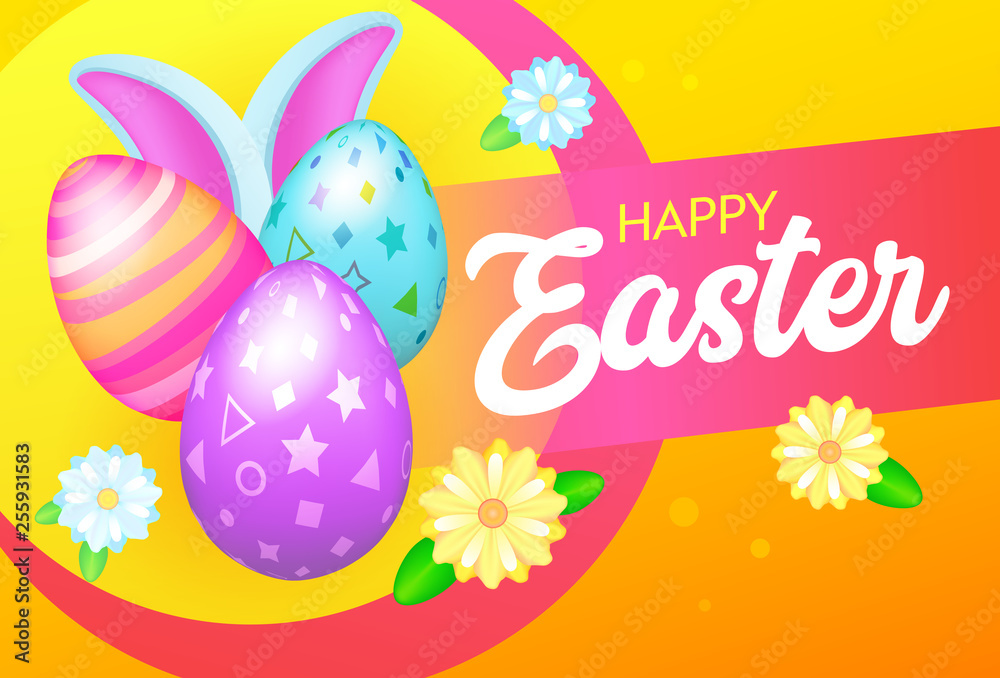 Happy Easter Banner with Eggs and Rabbit Happy Easter Banner with Eggs and Rabbit